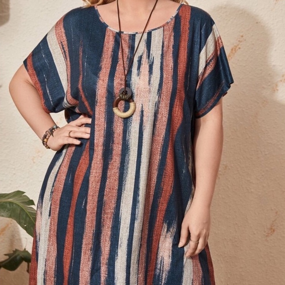 EMERY ROSE Plus Striped Scoop Neck Batwing Sleeve Dress